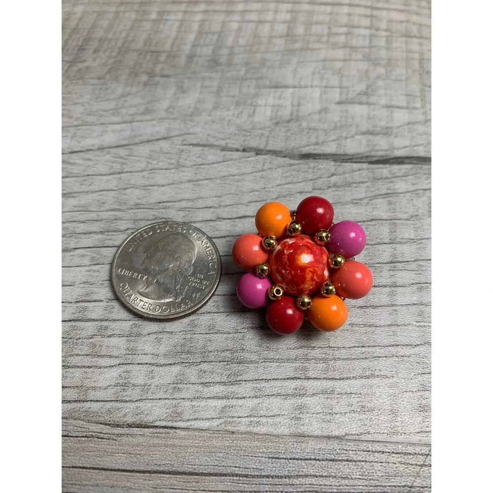 Vintage Multi Color Beaded Cluster Clip On Earrings Red Orange Pink Gold Tone